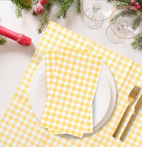 SietDESEO 25 Pieces 3-ply Yellow Gingham Napkins 13 x 15.7 Inches Guest Bathroom Napkins Disposable Hand Towels for Bathroom Wedding Birthday Party Paper Dinner Napkins