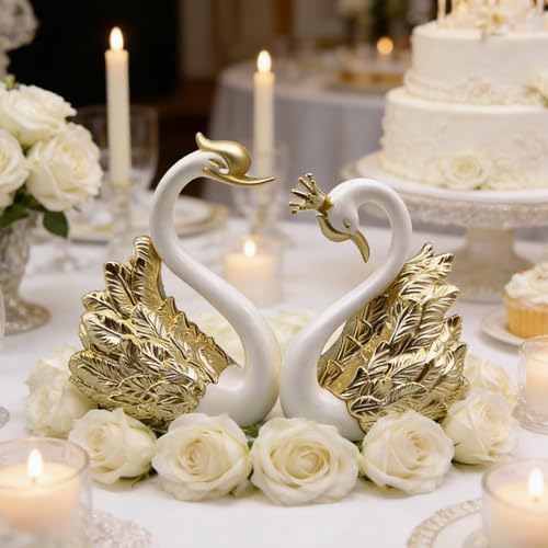 Swan Cake Toppers Set with Crown Swan Figurine Creative 2-Piece Cake Decoration for Birthday Wedding Desktop & Car Ornament