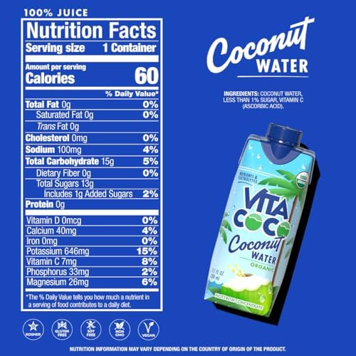 Vita Coco Coconut Water, Pure Organic | Refreshing Coconut Taste | Natural Electrolytes | Vital Nutrients | 11.1 Oz (Pack Of 12)