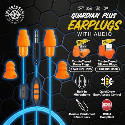 Plugfones Guardian Plus Earplug Headphones in-Ear Earplug Earbud Hybrid with Noise Isolating Mic and Controls - 27-29dB Noise Reduction in-Ear Headphones (Orange & Blue)