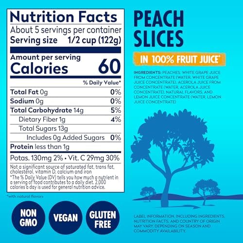Dole Jarred Peaches Sliced Yellow Cling in 100% Fruit Juice, 23.5 Ounce Jar (Pack of 8)