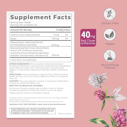 Promensil Perimenopause Supplements for Women- Red Clover Isoflavones Vitamins, Helps Support Hot Flashes, Night Sweats, Restlessness, Contains Biotin & Vitamin D- 30 Tablet Count, Pack of 1