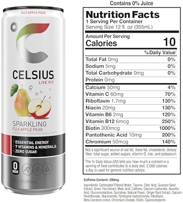 CELSIUS Sparkling Fuji Apple Pear, Sugar Free Energy Drink, 12 Fl Oz (Pack of 12)