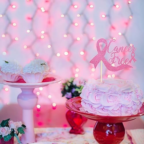 Cancer Free Cake Topper, Breast Cancer Awareness Cake Decor, Breast Cancer Pink Ribbon Sign Survivor Party Decoration Supplies - Pink Glitter