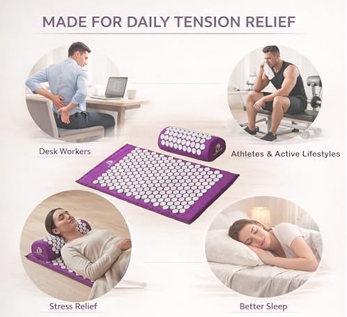 Acupressure Mat & Pillow Set – Extra-Long 29” Acupressure Therapy for Back & Neck Pain Relief, Sciatica, Stress Relief & Sleep Support – Includes Carry Bag & Hot/Cold Pack (Purple)