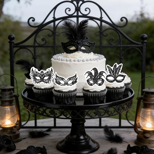 48Pcs Edible Masquerade Masks Cupcake Toppers Wafer Paper Bachelorette Party Mask Cupcake Toppers forMardi Gras Party Baby Shower Birthday Party Cake Decorations