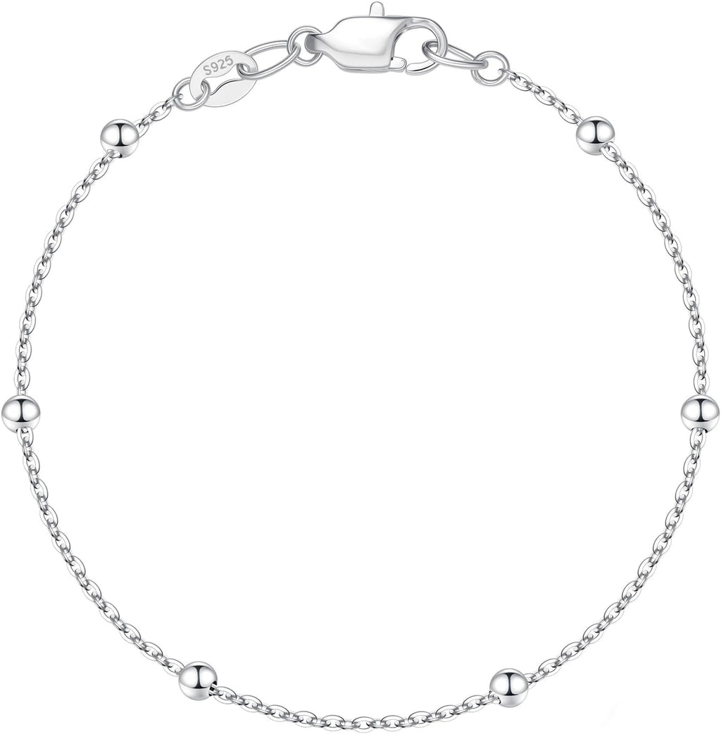 IEFWELL S925 Sterling Silver Bracelet for Women - 14K-Real-Gold-Plated Satellite Bead Chain Bracelet, 6.5/7/7.5/8/8.5/9 Inches Sterling Silver Chain Bracelets, Valentines Gifts Jewelry for Women