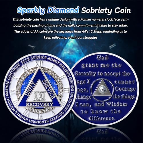 Sparkly Diamond 21 Year Sobriety Coin - 12 Steps Spin Triangle AA Coins - Clockwork Addiction Recovery AA Chips and Medallions - Celebrate 1-65 Prime Clean Alcoholics Anonymous Gifts for Men Women