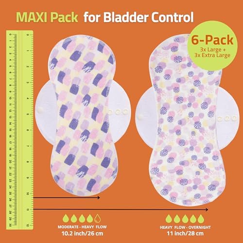 Non-Slip, High Absorbency Reusable Period Pads for Heavy Flow (6 Pack L+XL) - Leak Proof & Odor Free Cotton Cloth Pads for Women - High-Temp Washable, Breathable & Skin-Safe for Menstrual Comfort