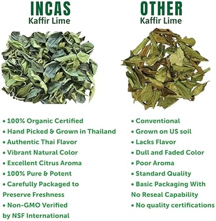 INCAS 100% USDA Organic Makrut Lime Leaves 0.53 oz Direct From Thailand Original Authentic Thai Flavor & Citrus Aroma ใบมะกรูดเเห้ง Whole Dried Uncrumpled Leaves Freshly Picked & Easy To Use