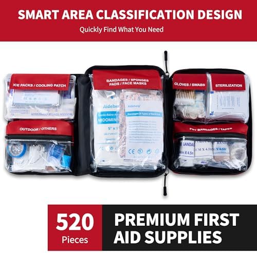 520 Pieces Premium First Aid Kit - Large Emergency Medical Kit for Survival, Car, Home, Travel, Camping, Backpack, Hiking, School (Red)