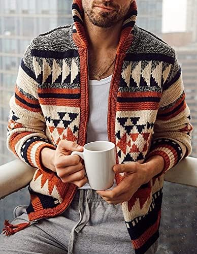VIEWON Men's Casual Tribal Aztec Print Western Ethnic Vintage Lapel Knitted Warm Long Sleeve Cardigan Sweater Jacket Coat