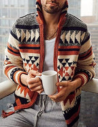 VIEWON Men's Casual Tribal Aztec Print Western Ethnic Vintage Lapel Knitted Warm Long Sleeve Cardigan Sweater Jacket Coat