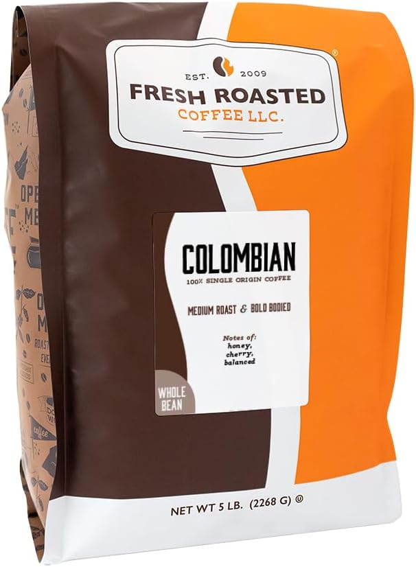 Fresh Roasted Coffee, 100% Colombian Whole Bean Coffee, Medium Roast, Kosher, 5 lb (80 oz)