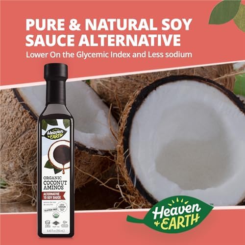 Heaven & Earth Organic Coconut Aminos, 8.4 oz | Soy Free | Paleo Friendly | Low Sodium | Soy Sauce Replacement | Kosher (Including Passover)