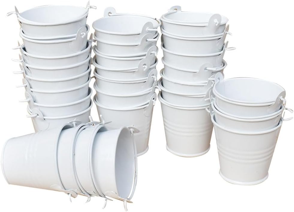 30pcs Mini Metal Bucket Tin Candy Box Buckets Souvenirs Gift Pails Perfect for Party Favors, Candy, Votive Candles, Trinkets, Small Plants (White)