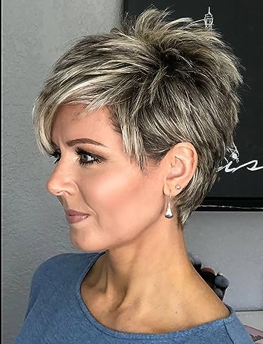 ccXrC Layered Gray Wavy Wigs for White Women Short Hair Ombre Gray Pixie Synthetic Wig Natural Curly Short Hairstyle for Older Women Natural Looking Daily Party Wig