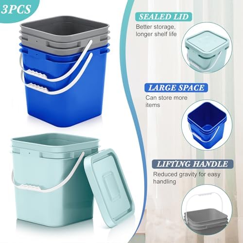 Mumufy 3 Pcs 3.5 Gallon Square Food Grade Bucket with Lid Square Bucket Pail Plastic Handles for Long Term Food Storage, Camping, Fishing, Home Organization Easy Stack and Store (Aqua,Gray,Blue)