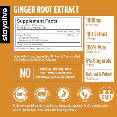 STAY ALIVE Pure Ginger Root Capsules 1000mg, 10:1 Extract Powder with 5% Gingerols, 120 Pills, Extra Strength Root Powder, Vegan, Non-GMO and Gluten-Free Ginger Supplement