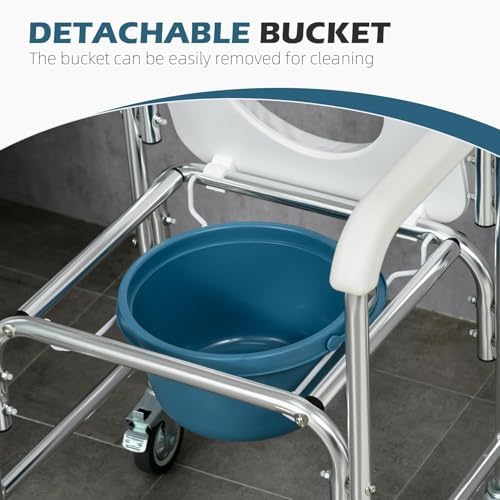 4-in-1 Commode Chair, Transport Bedside Commode Chair Padded Seat with Wheels, Rolling Shower Wheelchair for Adults, Senior, Elderly, Handicap, Disabled, Weight Capacity 300lb (U Shape Cushion)