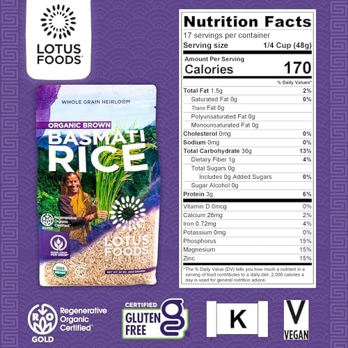 Lotus Foods Regenerative Organic Brown Basmati Rice - Gluten Free Whole Grain Heirloom Rice, Vegan, Non GMO, Use for Curries, Stir Fries, Rice Pudding, Salad, and More - 30 oz Bag (Pack of 3)