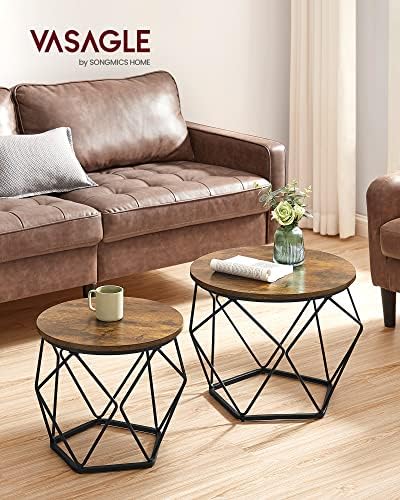 VASAGLE Small Coffee Table Set of 2, Round Coffee Table with Steel Frame, Side End Table for Living Room, Bedroom, Office, Rustic Brown and Ink Black
