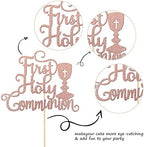 1 PCS First Holy Communion Cake Topper Glitter God Bless Cross Baby Baptism Christening Cake Pick for First Communion Theme Baby Shower Birthday Party Cake Decorations Supplies Rose Gold