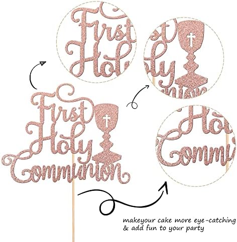 1 PCS First Holy Communion Cake Topper Glitter God Bless Cross Baby Baptism Christening Cake Pick for First Communion Theme Baby Shower Birthday Party Cake Decorations Supplies Rose Gold