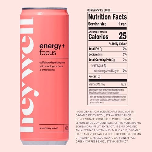 Heywell Sparkling Adaptogenic Water Energy and Focus, Strawberry Lemon Flavor 12 Fluid Ounce (Pack of 12) - Caffeinated, Organic, Non GMO, Vegan, Gluten Free, Dairy Free