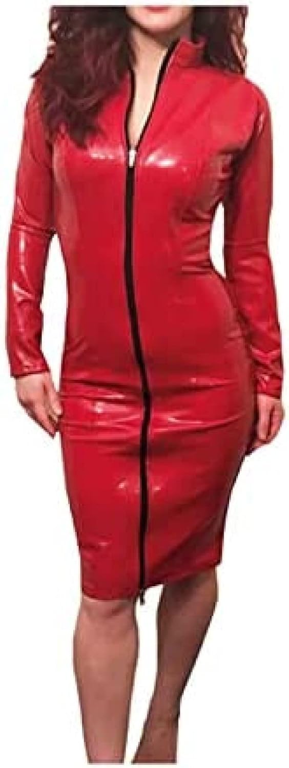 Latex Rubber Women's Club Red Long Skirt with Black Zip 0.4 Mm Size XXS-XXL,Red,M