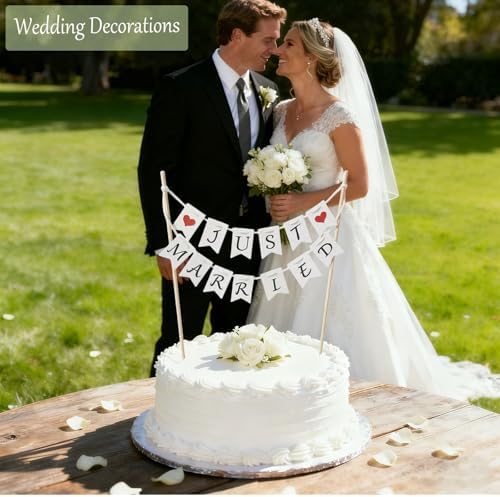 Just Married Cake Topper Banner with Sticks, Rustic Wedding Cake Decoration, DIY Assembly Cake Topper for Engagement, Bridal Shower, Wedding Party Supplies
