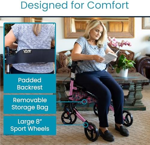 Vive Mobility Rollator Walker with Seat - Folding 4 Wheel Medical Rolling Walker with Bag - Mobility Aid for Adult, Senior, Elderly & Handicap - Aluminum Transport Chair