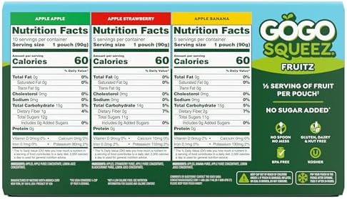 GoGo squeeZ No Sugar Added Applesauce and Fruit Puree Variety Pack, Apple, Banana & Strawberry, 3.2 oz Pouches (Pack of 20), Fruit Snacks for Kids, Gluten Free, Nut Free, Recloseable Cap, BPA Free