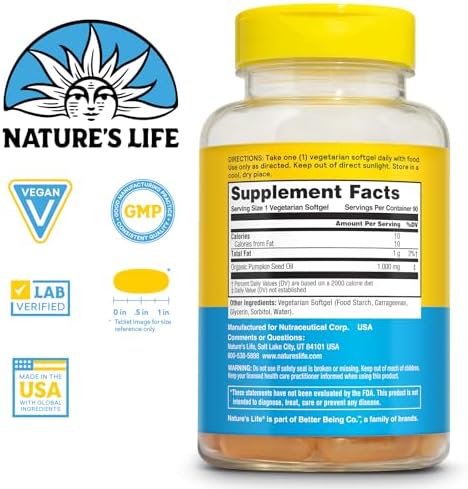 Nature's Life Pumpkin Seed Oil Supplement - Source of Omega 3 6 Essential Fatty Acids and Antioxidants - Cold Pressed from Organic Pumpkin Seeds - Vegan, 60-Day Guarantee, 90 Servings, 90 Softgels