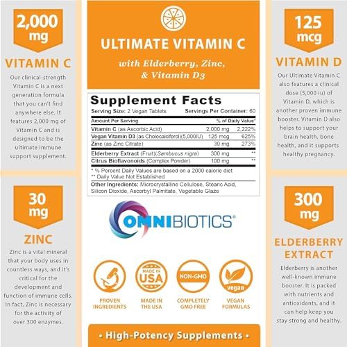 OmniBiotics Ultimate Vitamin C Supplement 2000mg – with Zinc, Elderberry Extract, and D3 – High Potency Immune Support & Collagen Booster – 120 Vegan Tablets
