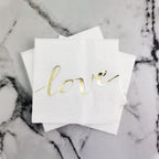 White Luncheon Paper Napkins Stamped with Sparkle Gold Love - Folded 6.5 x 6.5inch for Wedding, Bridal/Baby Shower, Dinner Birthday Party (48Count)