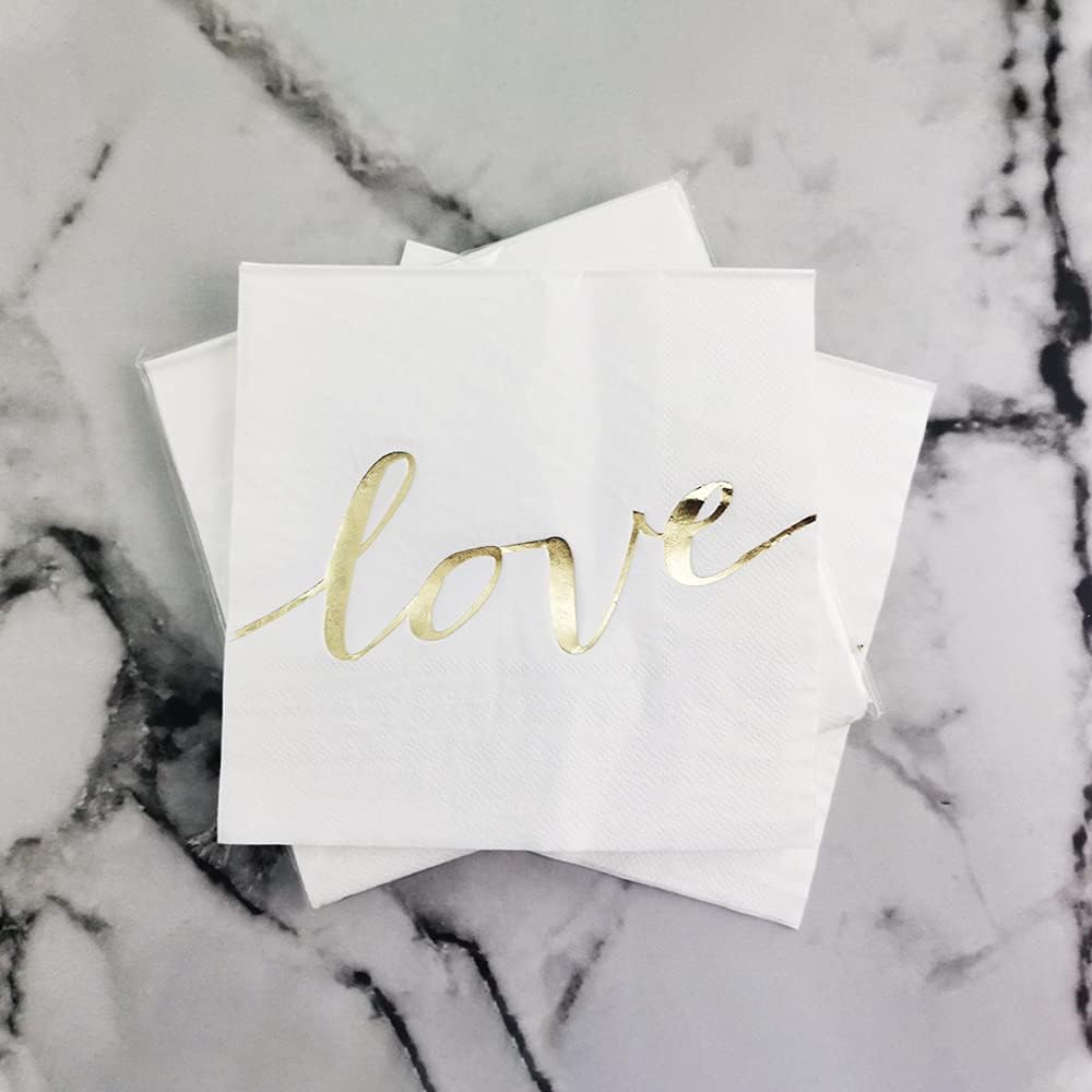 White Luncheon Paper Napkins Stamped with Sparkle Gold Love - Folded 6.5 x 6.5inch for Wedding, Bridal/Baby Shower, Dinner Birthday Party (48Count)