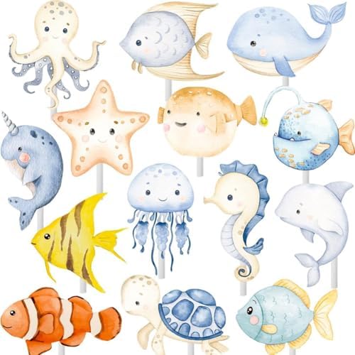 36pcs Ocean Themed Cupcake Toppers, 18 Designs Cupcake Decorations Supplies, Adorable Ocean Animals Cake Decorations, Under the Sea for Kids Boys Gilrs First Birthday Baby Shower Party