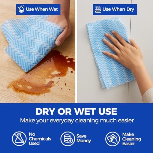 Disposable Cleaning Rolls Reusable Cleaning Cloths Dry Kitchen Towels Dish Cloths Handi Wipes 2 Roll, Total 200 Pcs, Blue