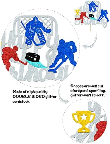 Ice Hockey Cake Topper | Ice Hockey Birthday Decorations for Boys, Girls, Adults – Glitter Silver Sports Theme, Happy Birthday Party Supplies