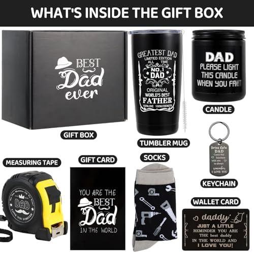 Bayelove Christmas Gifts for Dad Birthday Gift for Dad Father's Day Gift from Daughter Include Tumbler Mug Wallet Card Candle Tape Measure Keychain Socks Card