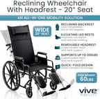 Vive Mobility Reclining Wheelchair with Elevating Leg Rests - Heavy Duty Recliner Wheel Chair for Seniors & Adults - Wide 20" Seat, up to 300lbs - High Back, Leg & Head Support - Comfortable Headrest
