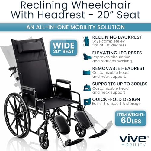 Vive Mobility Reclining Wheelchair with Elevating Leg Rests - Heavy Duty Recliner Wheel Chair for Seniors & Adults - Wide 20" Seat, up to 300lbs - High Back, Leg & Head Support - Comfortable Headrest