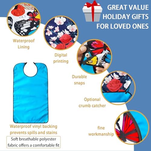 Pafusen 2 Pack Adult Bibs for Elderly Women, Reusable Large Adult Bibs for Eating with Snaps (Butterfly Rose Flower)