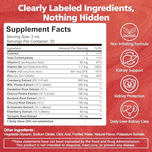 Kidney Cleanse & Liver Support Liquid Drops with Cranberry 20:1, Chanca Piedra & Milk Thistle, Herbal Supplement for Urinary Tract Support, Vegan, Sugar Free, 60 mL