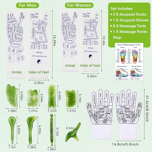Threlaco 16 Pcs Reflexology Socks and Gloves with Tools Foot Reflexology Socks with Acupressure Gloves & 8 Pcs Massage Point Tools Foot Relief Acupressure Massager Set for Women and Men(Green)