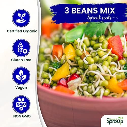 Nature Jim's Sprouts 3-Bean Seed Mix - Organic Green Peas, Lentils & Adzuki Beans for Planting - Non-GMO Microgreen Sprout Seeds, Fast Sprouting, High in Fiber, Protein, Nutrients & Vitamins - 16 Oz