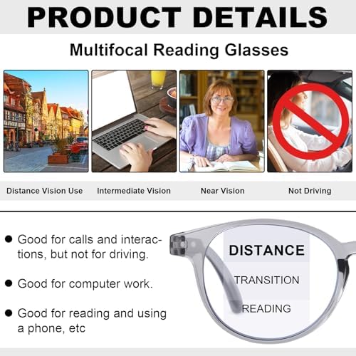 4 Pack Progressive Multifocus Reading Glasses for Women, Men Blue Light Blocking Eyeglasses with Spring Hinge Reader