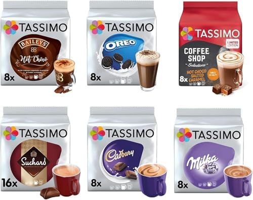 Tassimo Coffee, Tea, Chocolate Pods. Pick Any 3 Packs from 50+ Blends Including Kenco, Costa, Jacobs, Hot Chocolate, Chai latte, Baileys, Cadbury, Milka, Oreo, Cafe Hag and More.