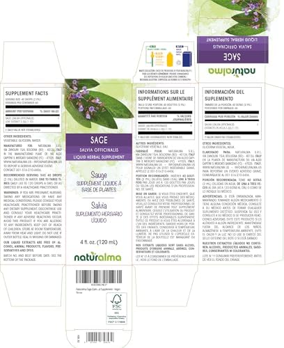 Naturalma Sage (Salvia officinalis) Leaf Alcohol-Free Tincture - 4 fl oz Liquid Extract in Drops - Herbal Supplement - Vegan